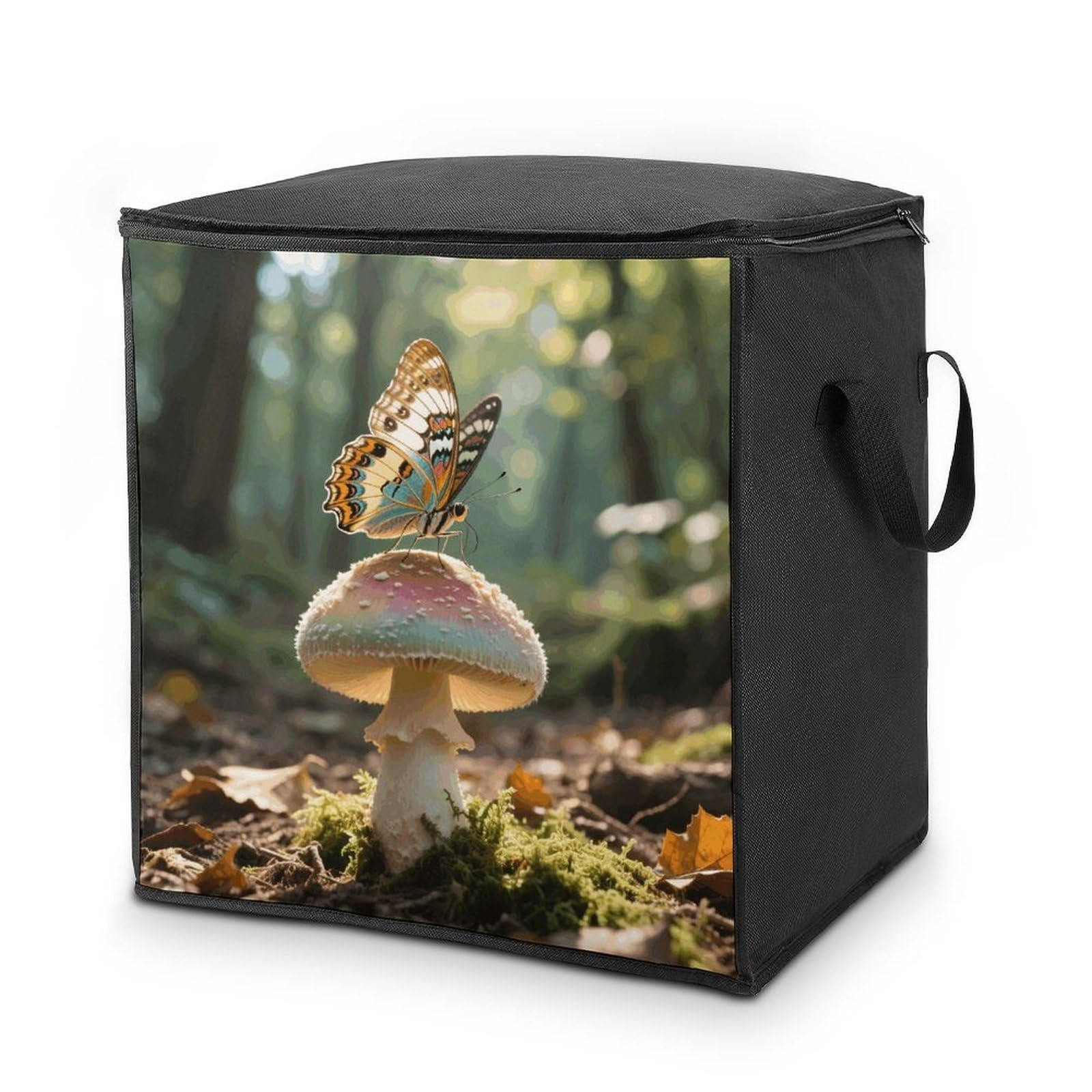Butterfly Mushroom Large Storage Bags with Zippered Storage Organizers Bag Clothes Storages Bins with Lids Foldable Storages Containers with Reinforced Handles for Blanket Bedding