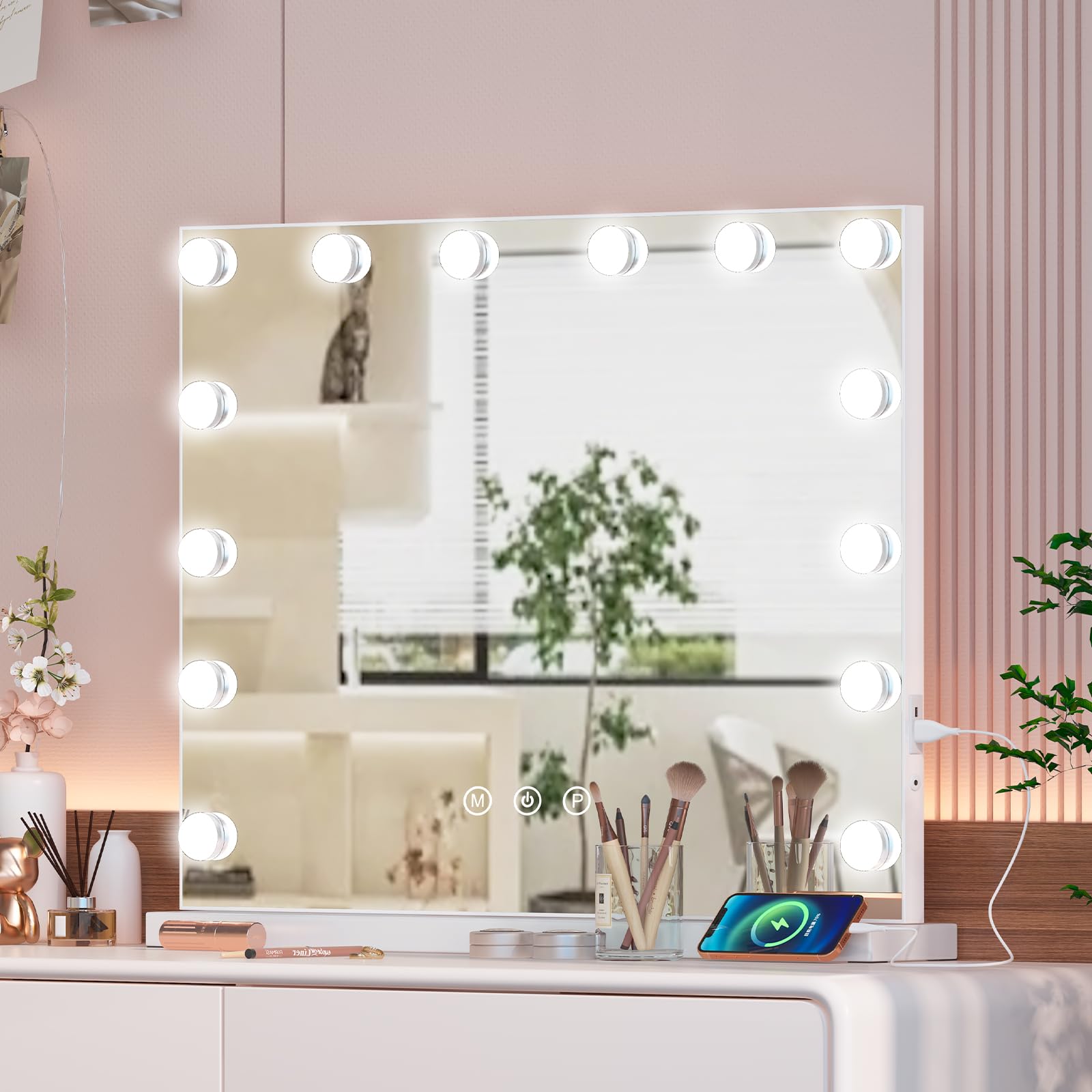 Saihemei Vanity Mirror with Lights, Hollywood Makeup Mirror with 14 Dimmable LED Bulbs 3 Lighting Modes, Lighted Makeup Tabletop Mirror Touch Screen Control and Wall Mounted for Dressing Table