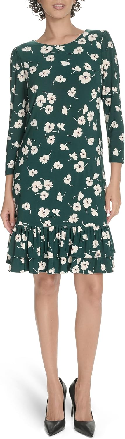 Tommy Hilfiger Womens 3/4 Sleeve Crew Neck Double Ruffle Hem Jersey Shift Mini Dress - Image 2