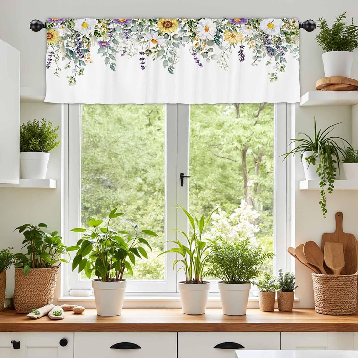 54x18Inch Watercolor Sunflower Daisy Lavender Valance Curtains for Window