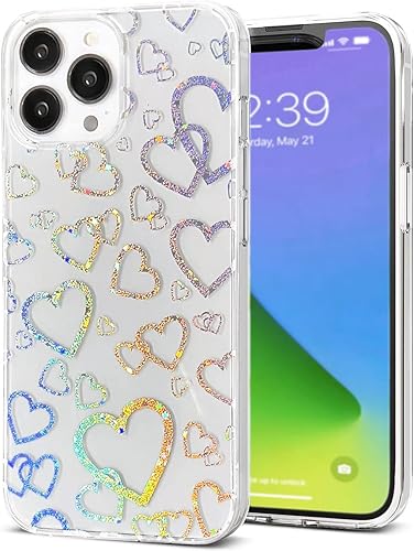 Funda transparente compatible con iPhone 13 Pro Max con purpurina y diseño holográfico de corazón brillante, transparente, lindo TPU suave y