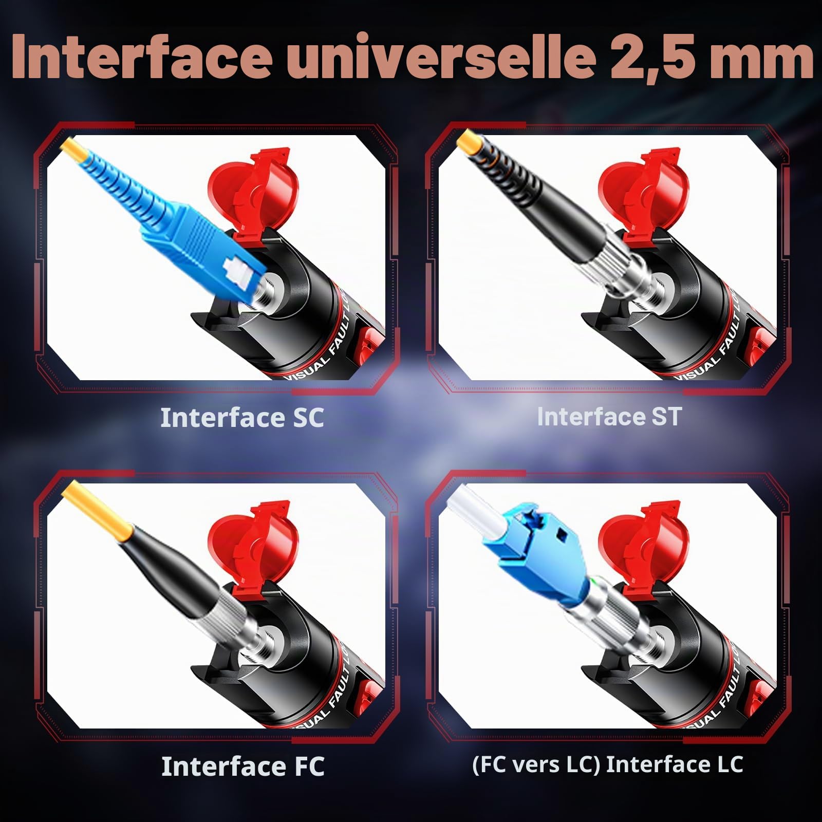 100 mW Localisateur de Défaut Visuel Testeur de Stylo de test de câble optique rechargeable de 2,5 mm FC/SC/SF, adaptateur FC mâle vers LC femelle, 100–120km VFL, stylo à lumière rouge
