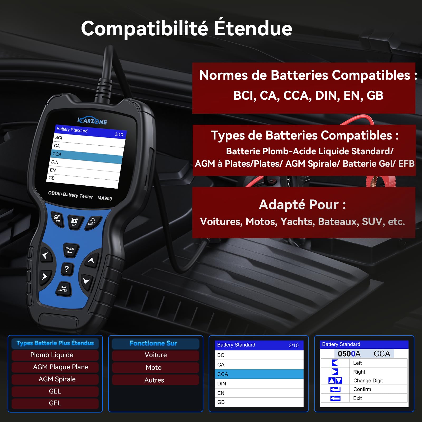 MA900 Testeur de Batterie Voiture + Outil de Diagnostic OBD2, avec Test de Décharge, Test de Démarrage, Test de Charge, Lecture OBFCM/Codes/Données Temps Réel,pour Voitures et Motos-12V/24V