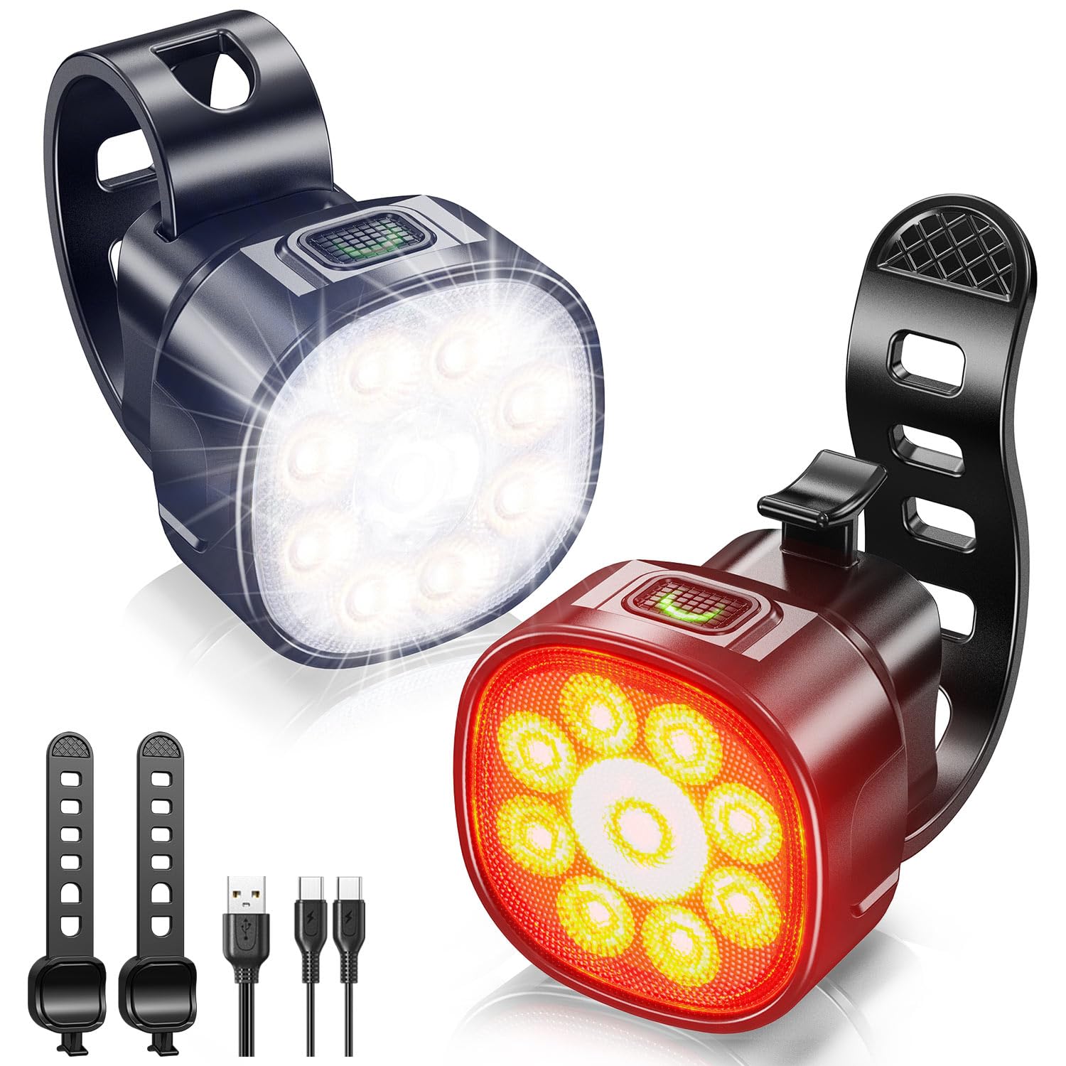 VICTOPER 자전거 라이트 9LED 전면 및 후면 자전거 라이트 300 루멘 8+7 모드 IP65 방수 충전식 자전거 라이트 야외 활동용 자전거 라이트 자전거 라이트