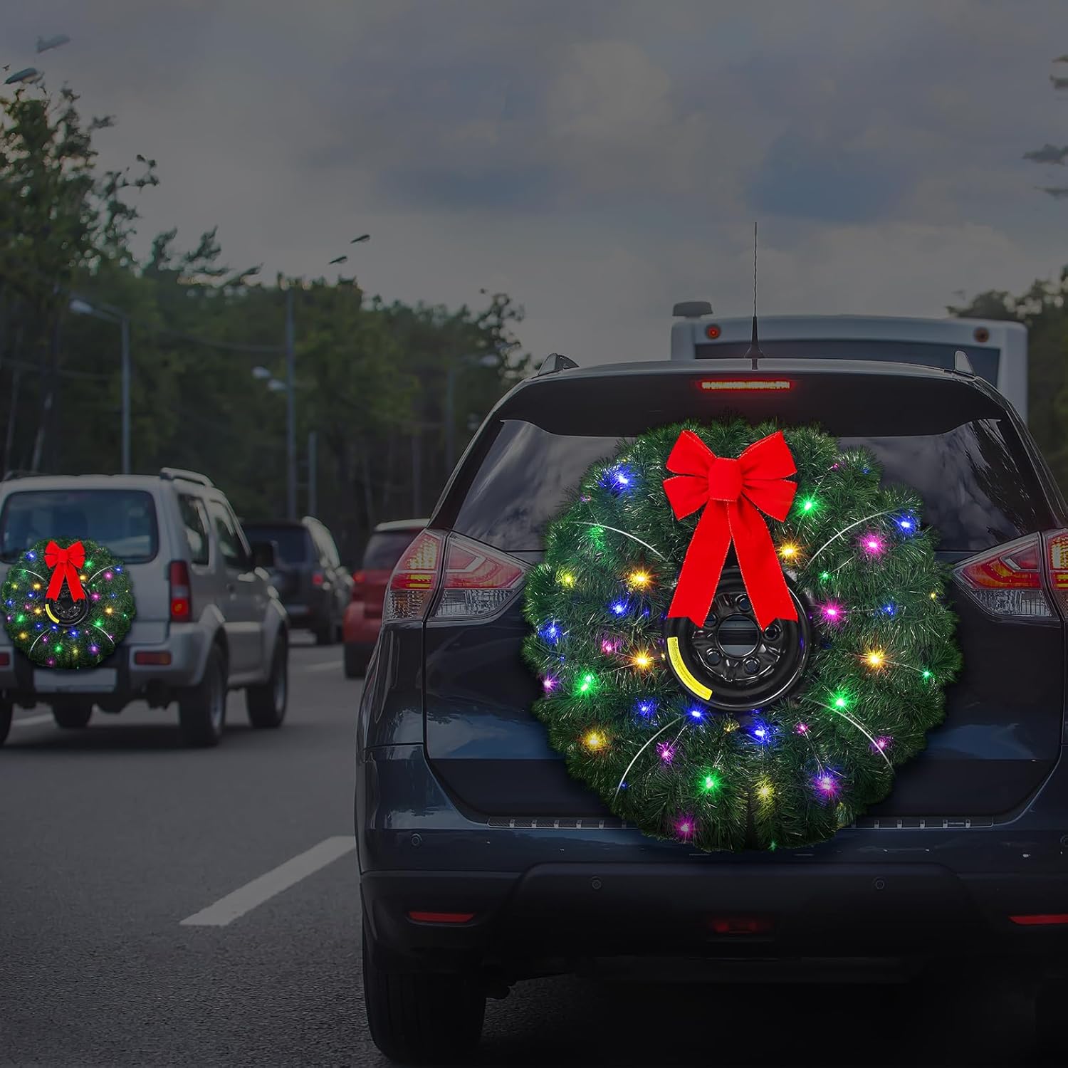 Daifunli Christmas Car Wreath Spare Tire Decoration DIY Kit Include 32.8ft Tinsel Green Garland LED Lights Red Bow Tire Covers for Rv Tires Truck Wreath for Travel Trailer and Many Vehicles
