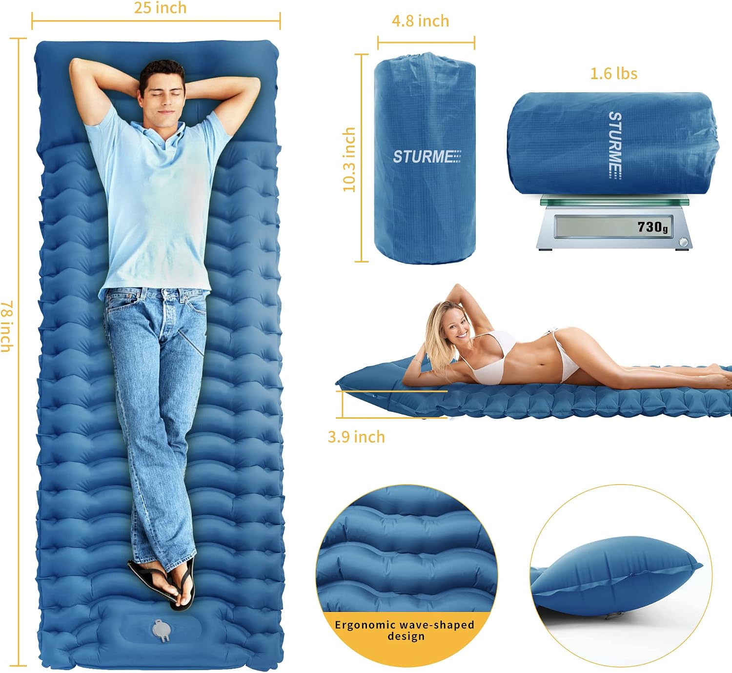 STURME Sleeping Pad for Camping, 3.9 Inch Extra-Thick Self-Inflating Camping Mattress with Foot Pump, Compact Air Mattress Ultralight Sleeping Mat with Pillow for Backpacking, Hiking, Outdoor -Blue