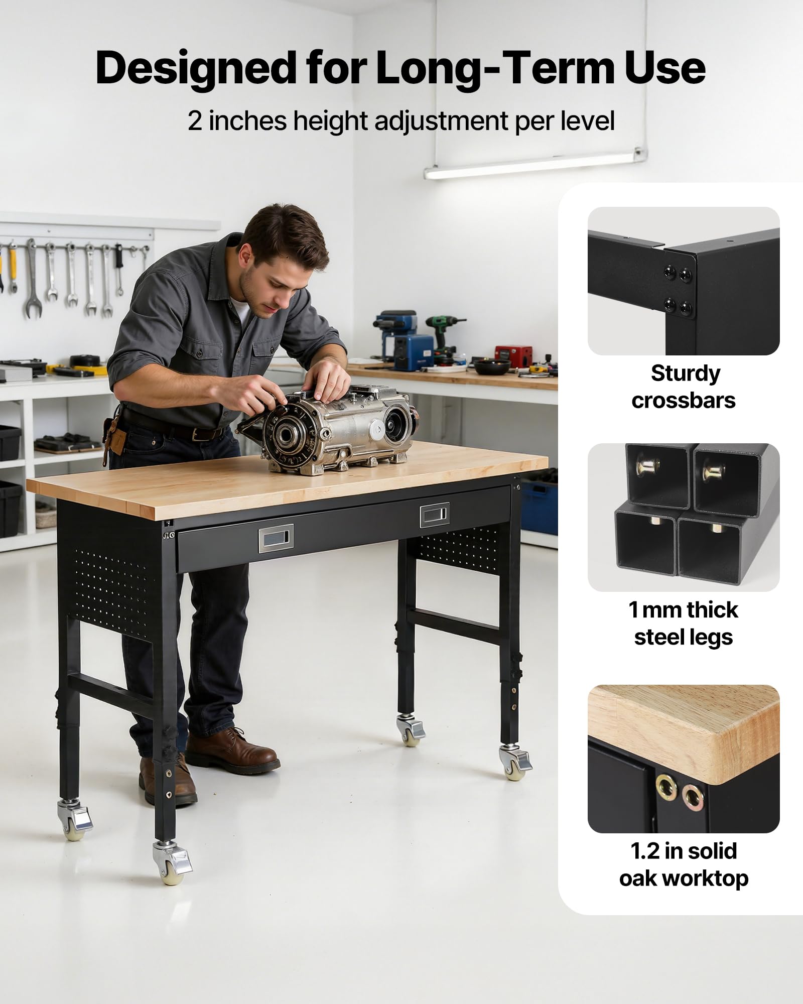 VEVOR Banco de Trabajo con Cajón 152,4 x 61 cm, Mesa de Taller Altura Ajustable de 6 Niveles de 76-101 cm, Carga de 680 kg, Mesa de Madera Marco de Metal con Ruedas para Oficina, Garaje, Taller