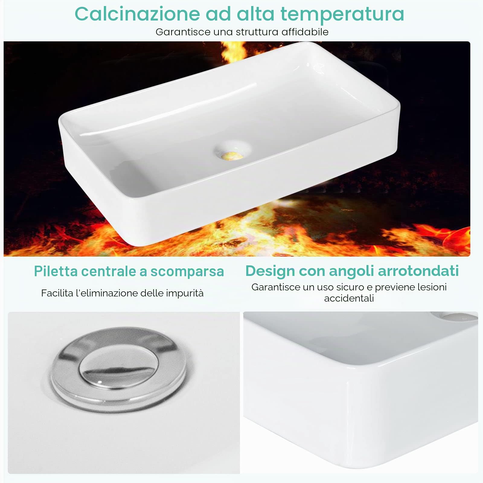 LIFEZEAL Lavandino Bagno, Lavabo da Appoggio, 60 x 35 x 11 cm, Lavabo Bagno, Glassa in Porcellana, Rettangolare, Scarico Escamotable, Ideale per Casa Ristorante e Hotel, Bianco