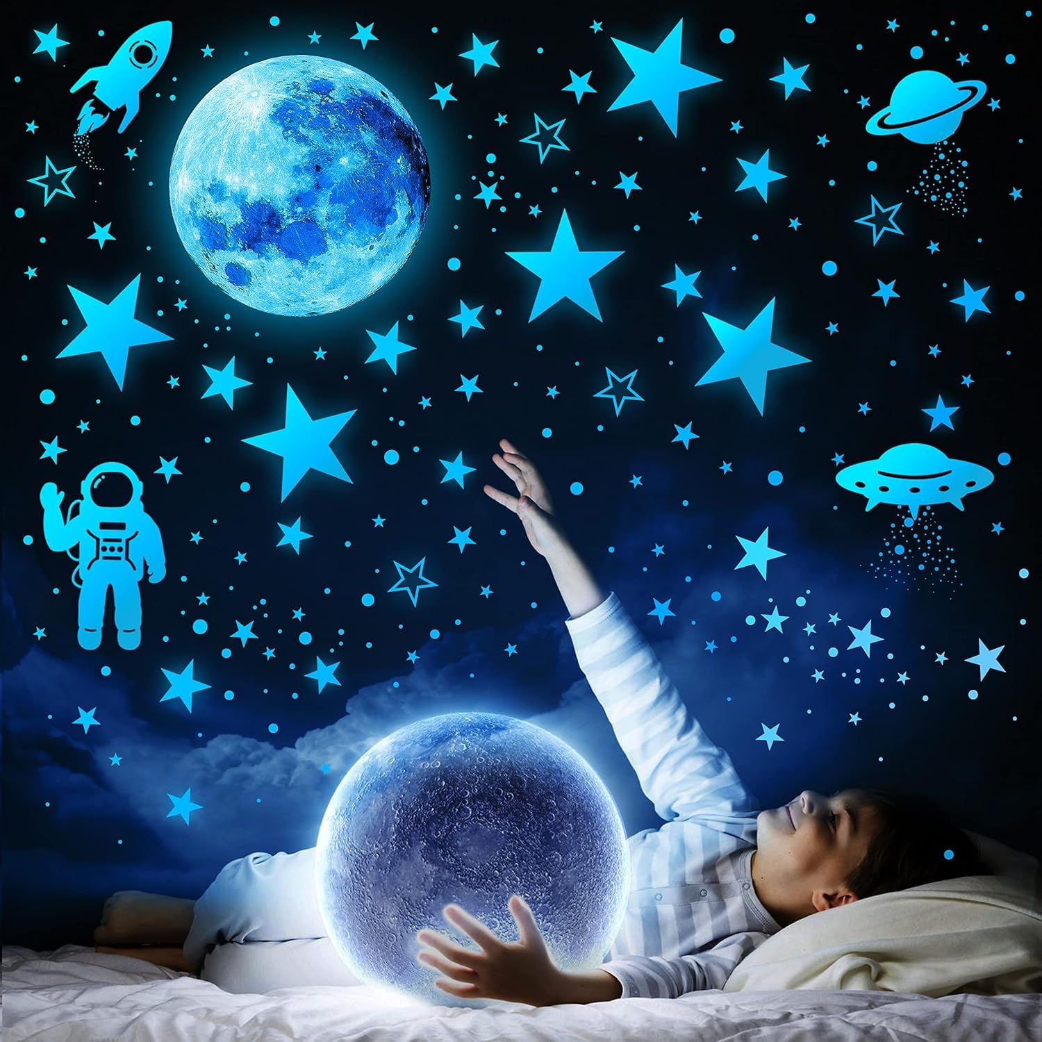 ALMEKAQUZ1078 PCS Glow in The Dark Stars for Ceiling, Glowing Stars for Ceiling Planets, Stars Wall Decals, Solar System Galaxy Space Nursery Wall Stickers Rocket Astronaut Room Decoration (Blue)