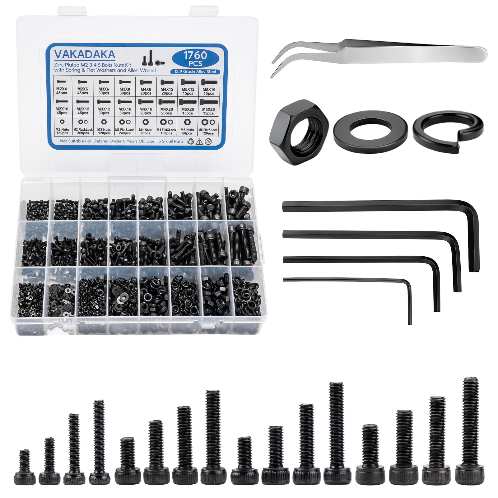 Photo 1 of 1760pcs Metric Screw Assortment Kit, M2 M3 M4 M5 Hex Socket Head Cap Bolts with Nuts and Washers, Grade 12.9 Alloy Steel, Black Zinc Plated, for 3D Printing and DIY Repair