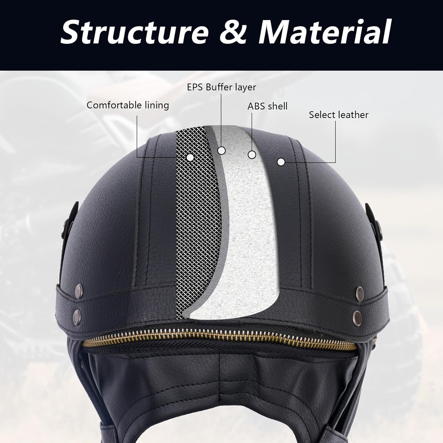 German Style Leather Motorcycle Helmet, DOT Approved Vintage Half Face Helmet with Goggles and Hidden Sun Visor, Half Shell for Cruiser Motorcycle
