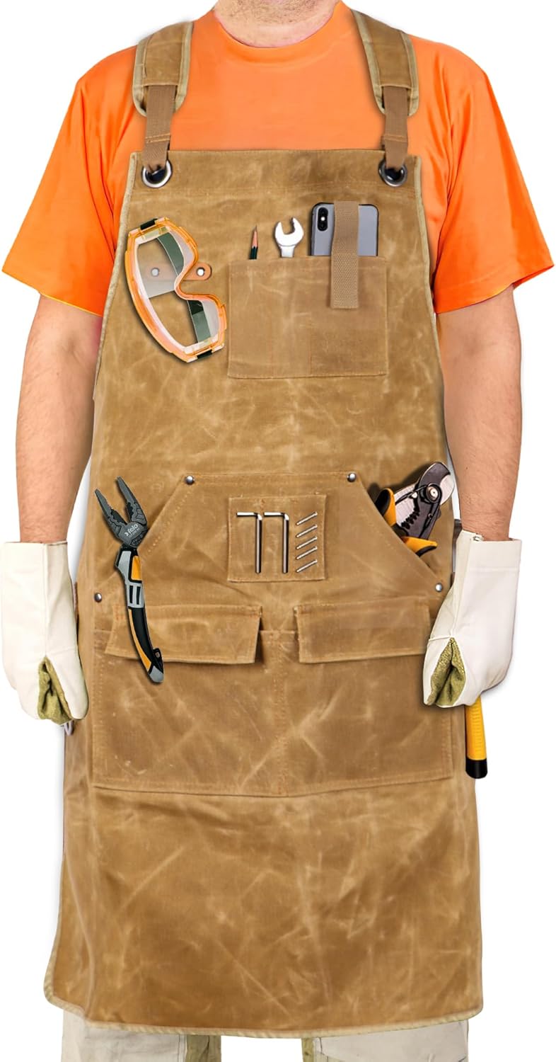 Men's Waxed Canvas Woodworking Apron With Pockets Heavy Duty Workshop Apron Adjustable Cross Straps to S-3XL