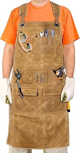 Delantal de carpintería de lona encerada para hombre con bolsillos, delantal de taller resistente, correas cruzadas ajustables a S-3XL