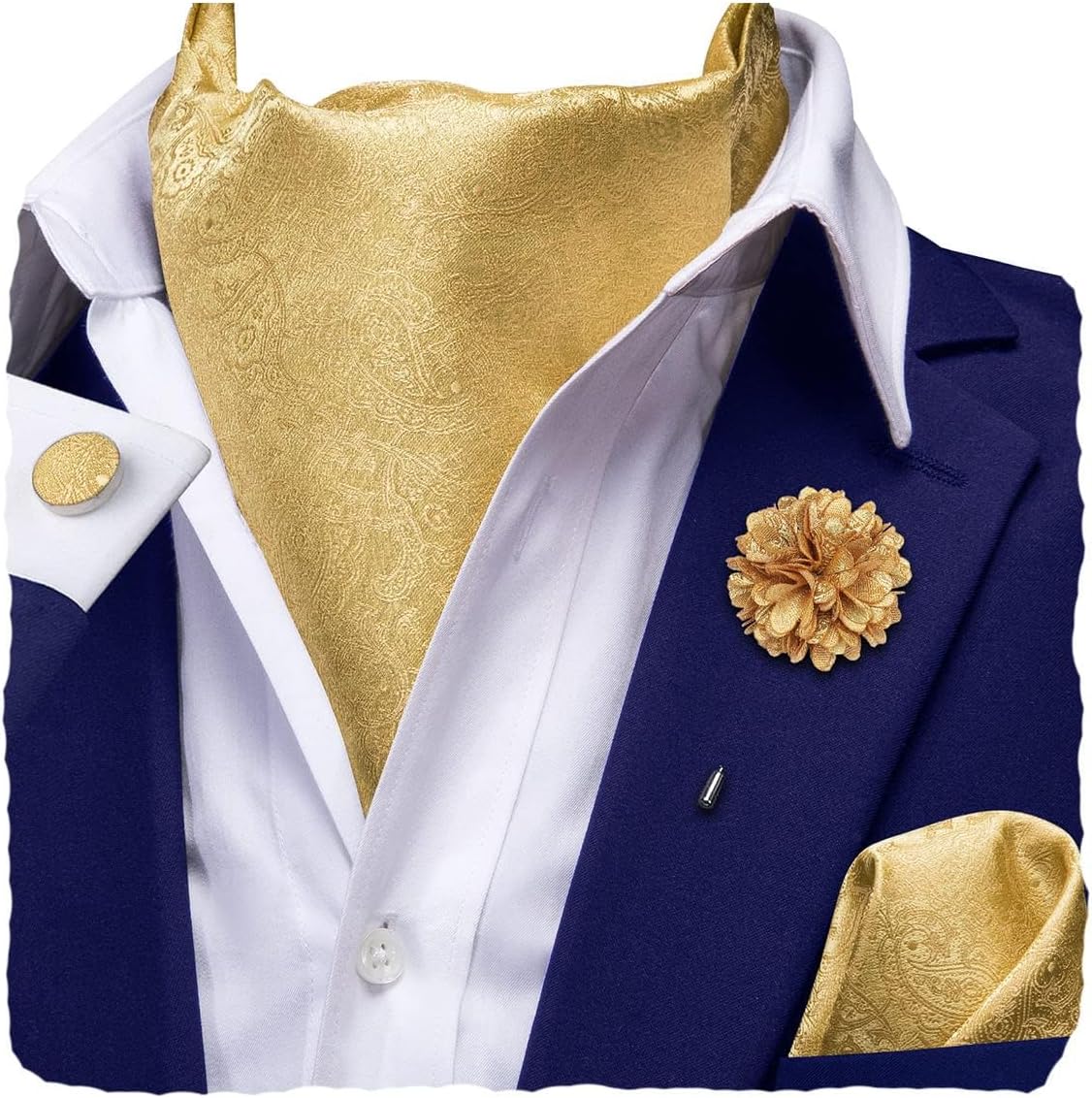 Hi-Tie Men's Cravat And Flower Lapel Pin Set Jacquard Silk Ascot Handkerchief Cufflinks For Wedding Party Daily Dress
