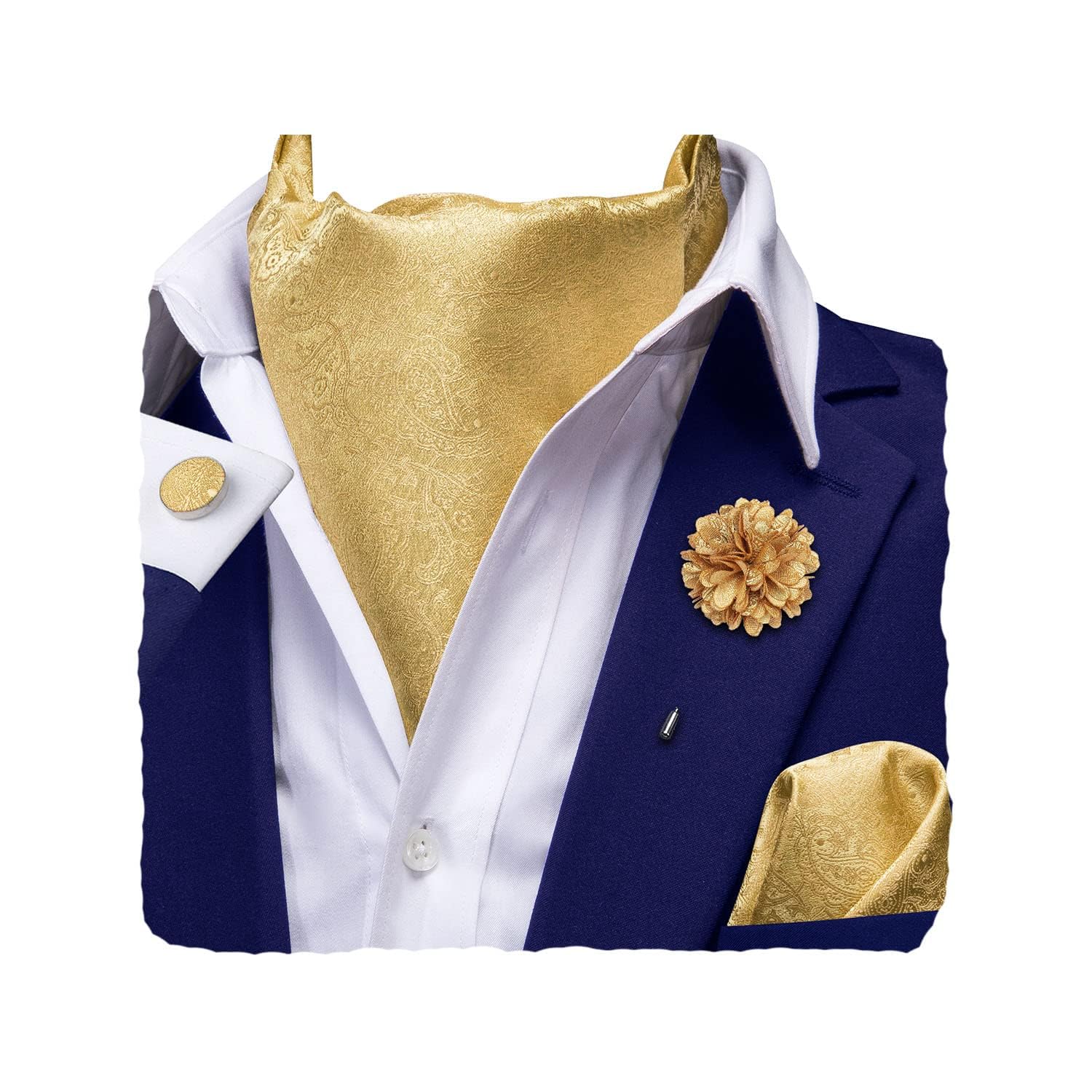 Hi-Tie Silk Ascot for Men Self Tie Men's Cravat and Flower Lapel Pin Handkerchief Cufflinks Set for Wedding Party