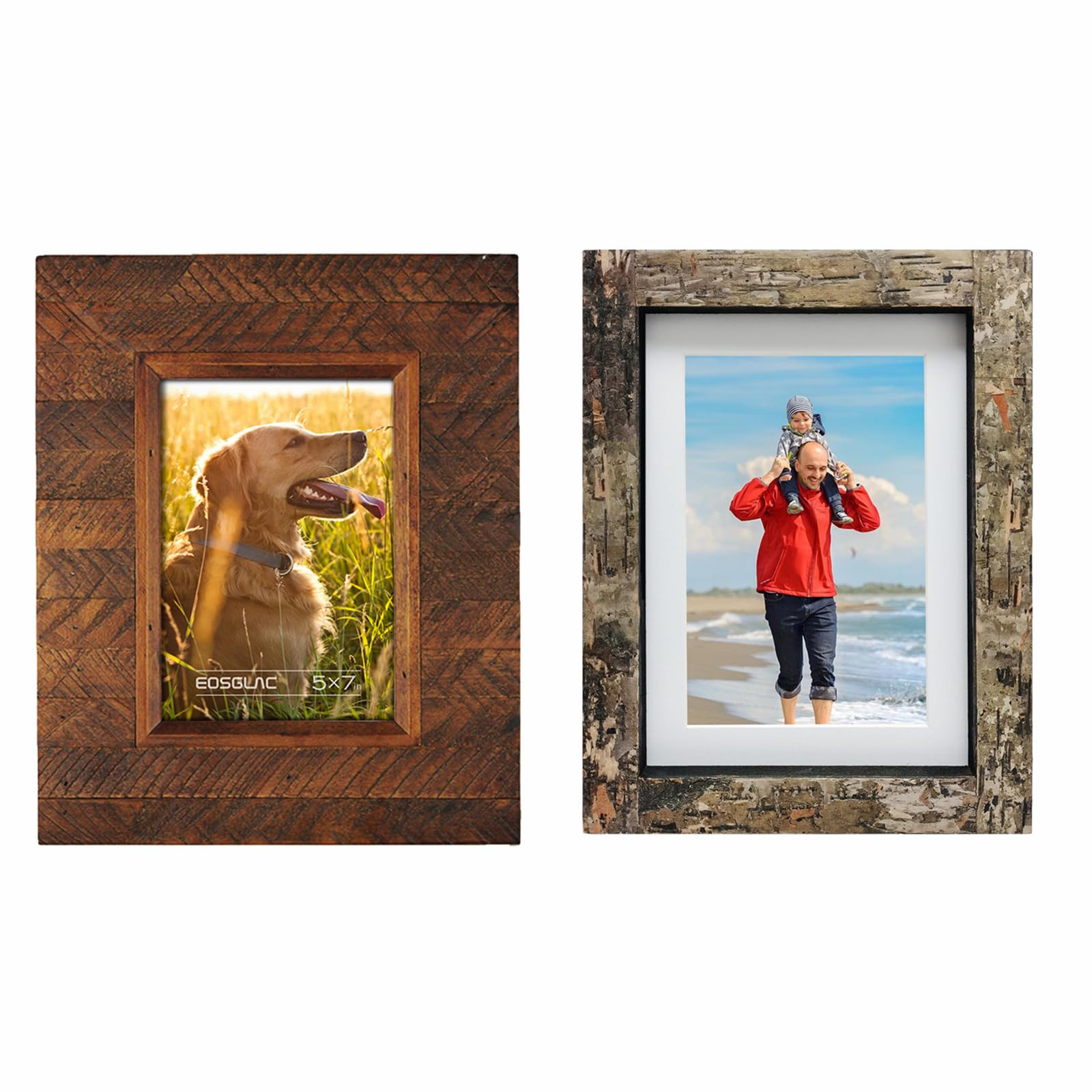 Eosglac Set of 2 5x7 inch Brown Picture Frame and Rustic Photo Frame with Natural Bark Front