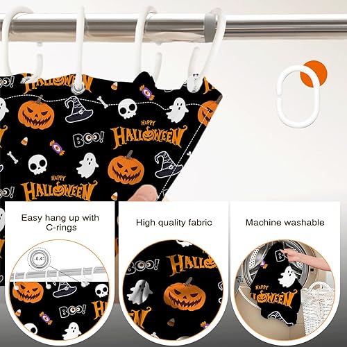Miniatura 4 de Cortina de ducha de Halloween para baño, cortina de ducha de calabaza fantasma con calavera de caramelo para decoración de baño de Halloween, 72 x