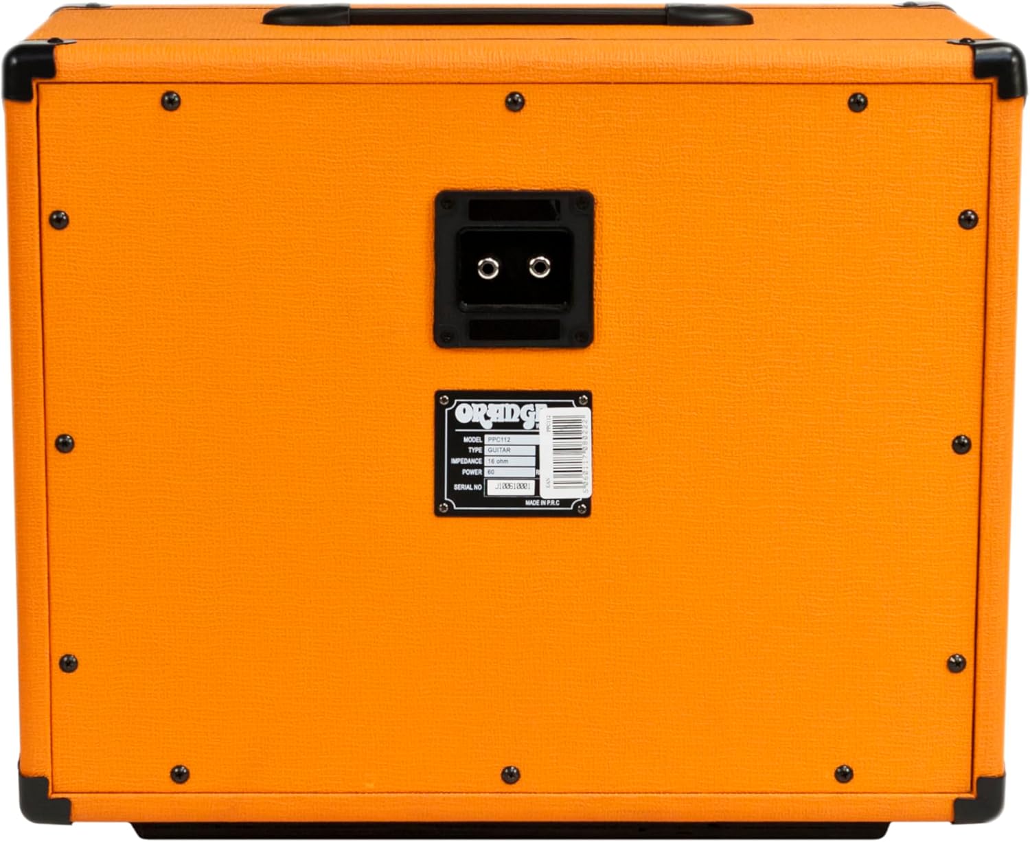 Rear view of the Orange PPC112 speaker cabinet showing the input jacks and specification label.