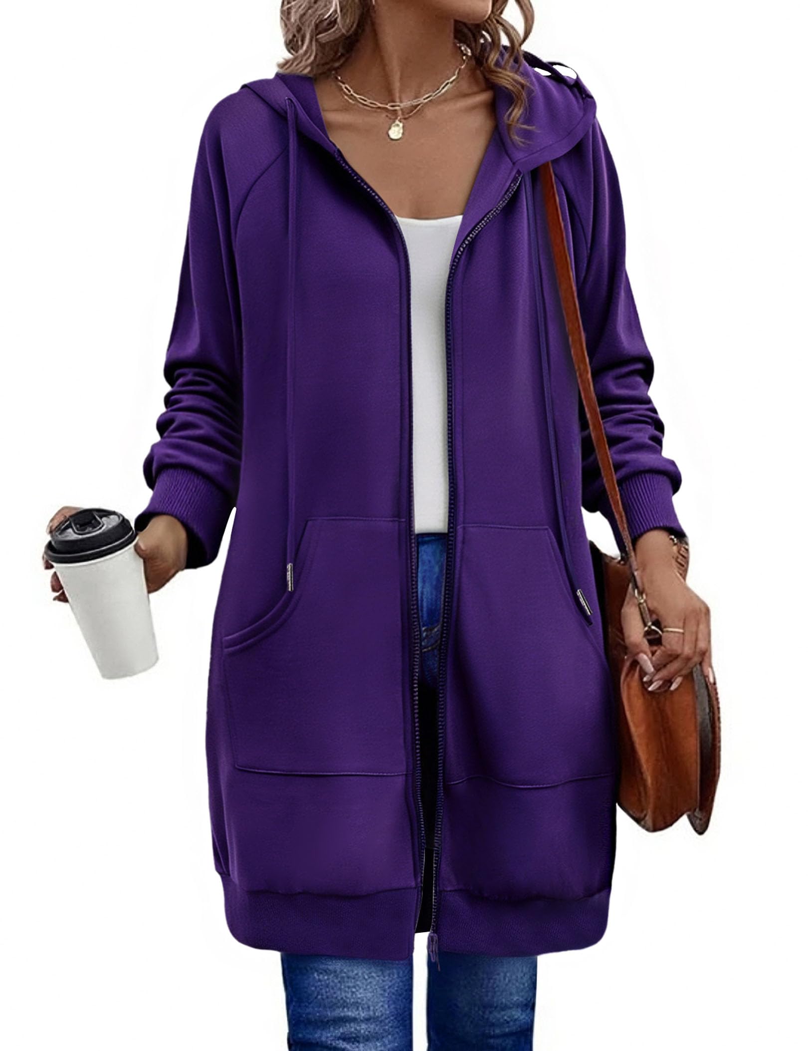 Zeagoo Felpe con cappuccio da donna con zip a maniche lunghe a tunica felpe oversize in pile casual 2025 autunno giacca cappotto con tasca