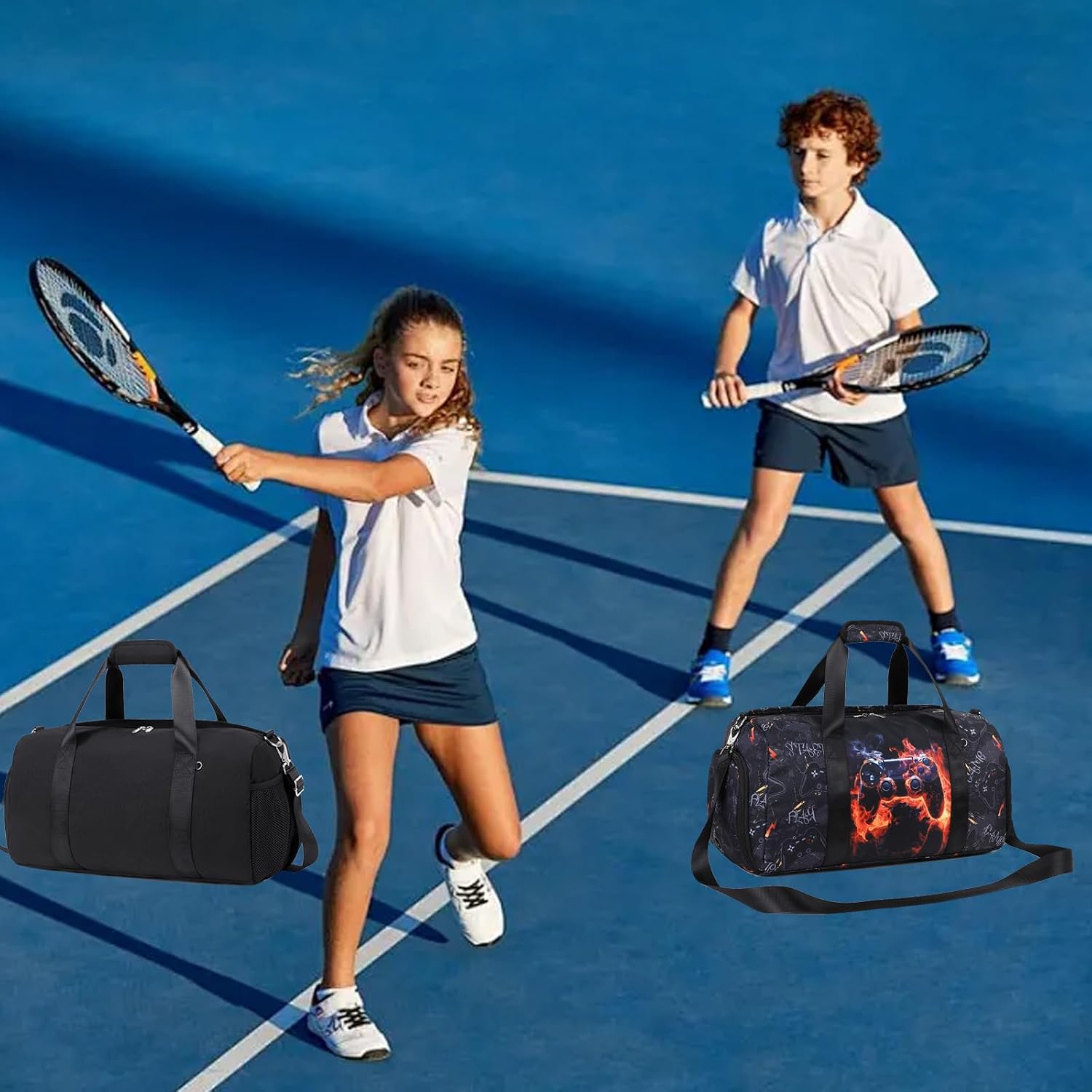 Kids Duffle Bag For Boys Overnight Travel Bag Sport Gym Bag With Shoes Compartment Dry And Wet Pocket Carry On Weekender Bag (Red Flame Game)