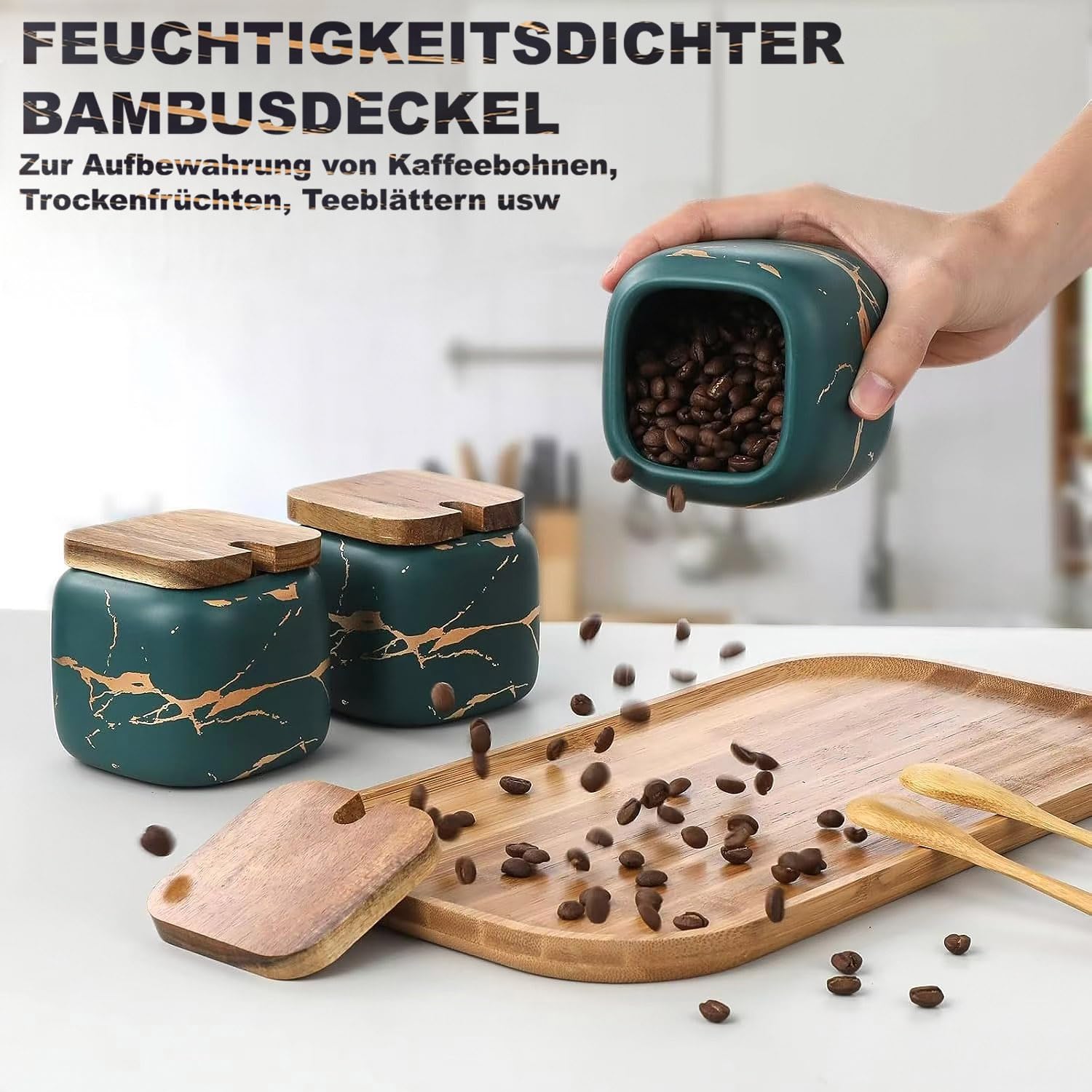 TELANKS Set Zuccheriera in Ceramica, 3 pz Condimento Box con Coperchio e Cucchiaio e Vassoio, Spezia Jar Cucina Scatola Barattolo di Spezie, Utensili da Cucina Forniture per Spezie, Verde