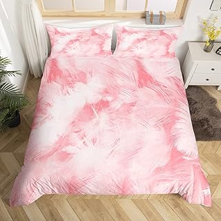 Feather Pattern Duvet Cover for Boys,Girls Pink Feathers Comforter Cover Full Size,Beautiful Soft Pink Bedding Set Kids Teen Room Decor Bed Cover,Birds Bedclothes with Zipper