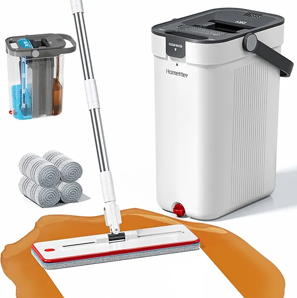 HoMettler Mop and Bucket Set, Flat Mop and Bucket System with Separate Dirty and Clean Water, 3-Compartment Wall Cleaner Mop, Flat Mops for Floor Cleaning with 4 Microfiber Pads