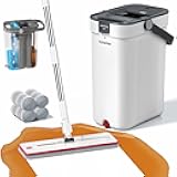 Mop and Bucket Set, Flat Mop and Bucket System with Separate Dirty and Clean Water, 3-Compartment Wall Cleaner Mop, Flat Mops for Floor Cleaning with 4 Microfiber Pads