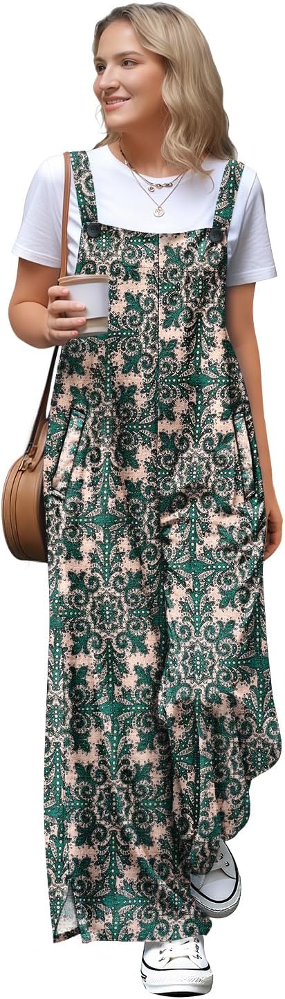 YESNO Jumpsuits for Women Casual Spring Boho Floral Overalls Side Slit Wide Leg Pants Outfit with Pockets PL2