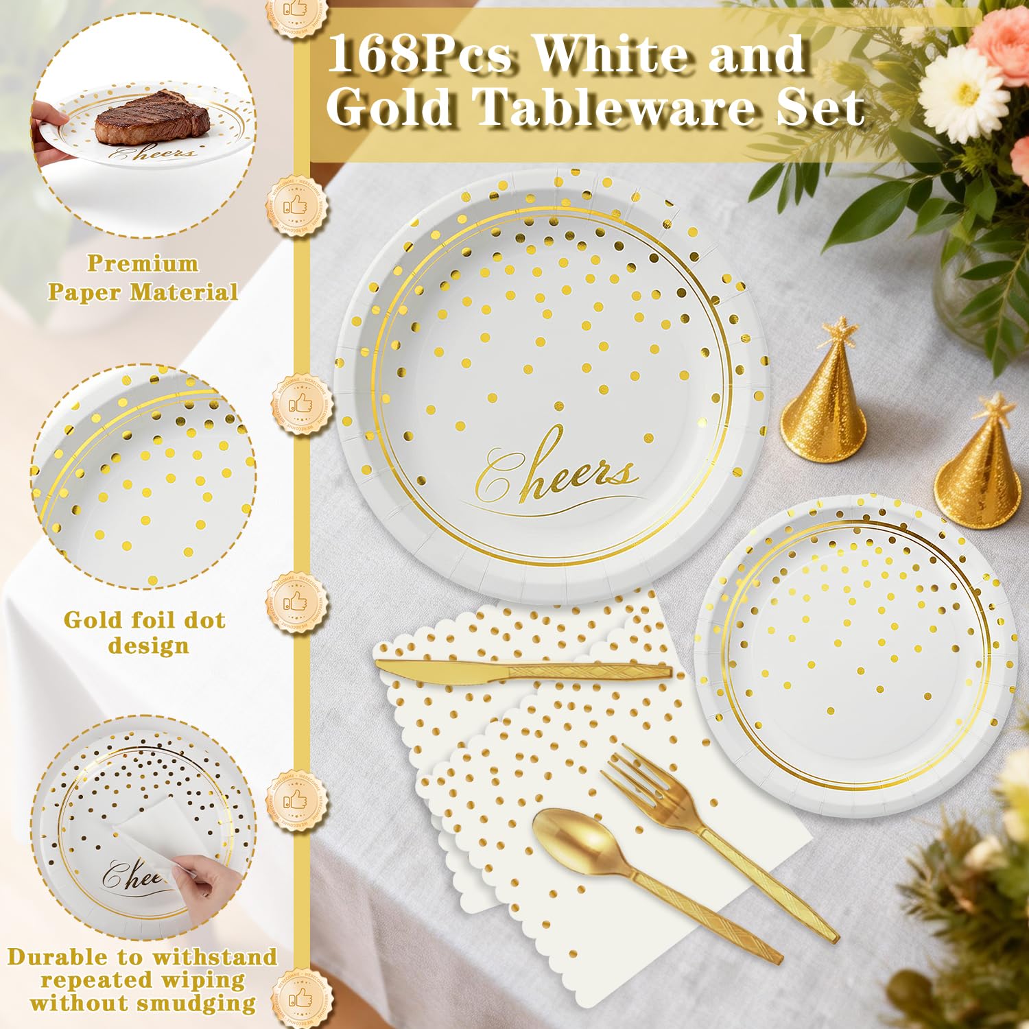 168 Pcs White & Gold Party Plates & Napkins -4