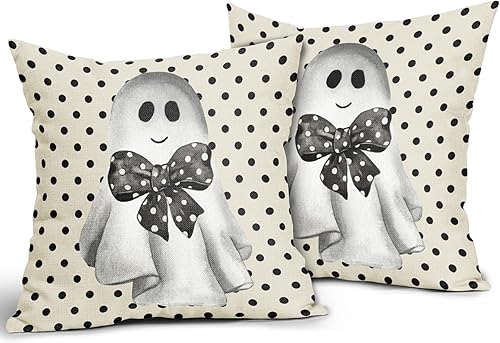 Miniatura 2 de Juego de 2 fundas de almohada de fantasma negro y beige de 18 x 18 pulgadas  18.0 x 18.0 in., bonitas fundas de almohada decorativas de lino de