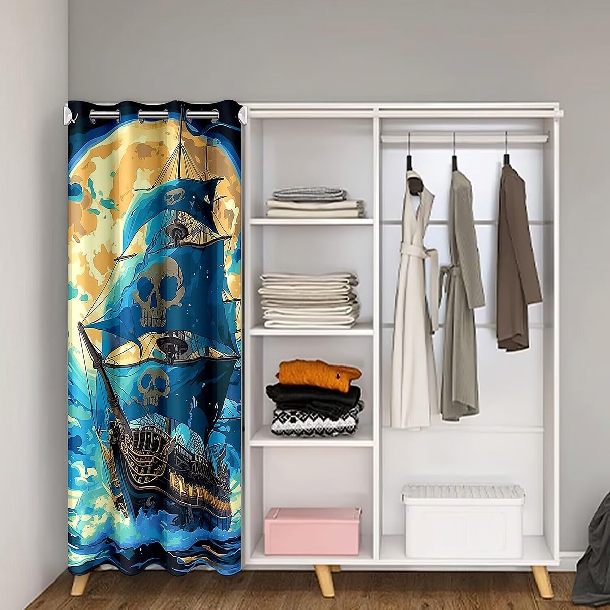 Nautical Boat Door Curtain for Boys Girls Sailing Adventure Doorway Curtain 42" Wx 80" L Gothic Skull Sail Blackout Curtain Mystery Moon Night Curtain Tapestry for Hallway