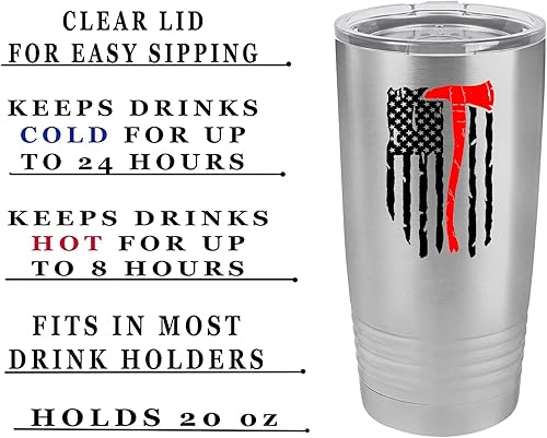 Miniatura 2 de Rogue River Tactical Taza de viaje de 20 onzas con diseño de bandera de hacha roja y tapa aislada al vacío para bomberos departamento de bomberos FD