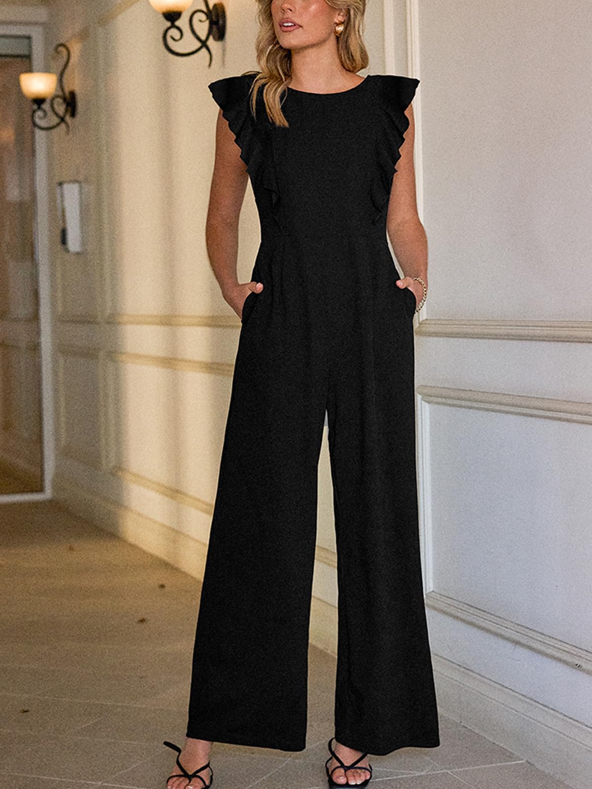 CUPSHE Tuta da donna con scollo rotondo e maniche svolazzanti, schiena scoperta, gamba lunga, casual, elegante
