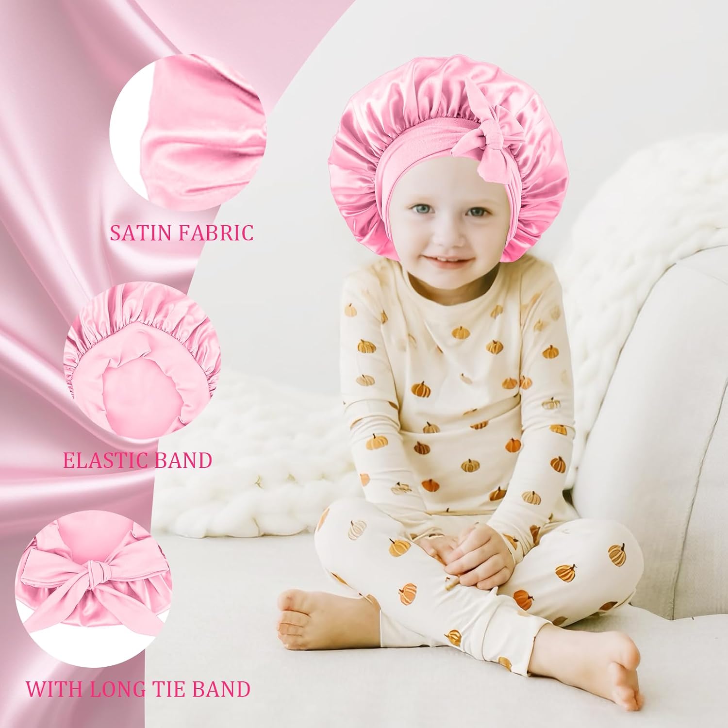 2 PCS Kids Bonnets for Girls, Silk Bonnet for Kids, Satin Bonnet for Sleeping, Baby Toddler Hair Cap with Tie Band