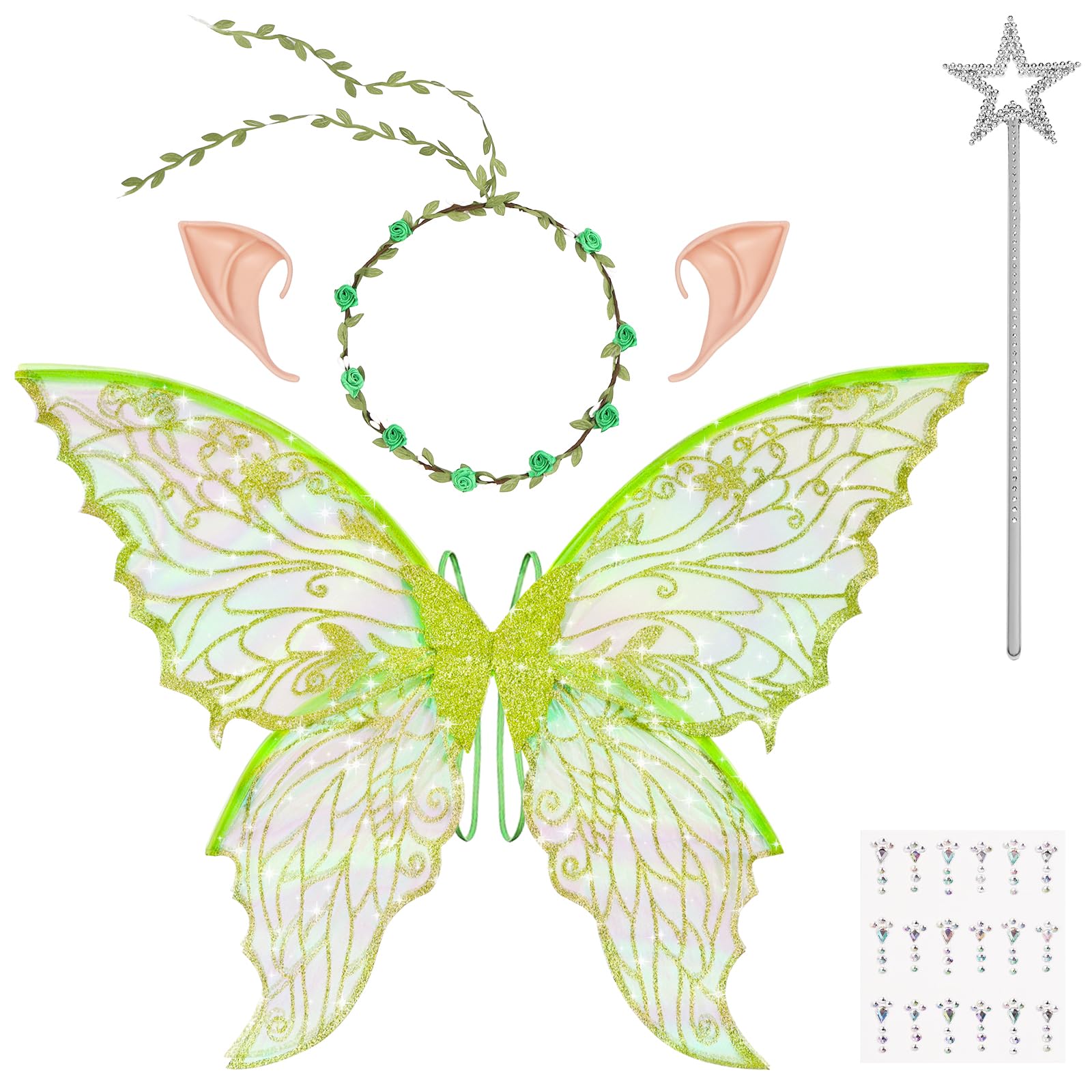 DiULi Alas Hadas Mariposa, 5pcs Alas de Duende+Guirnalda+Orejas de Elfo+Varita de Hada+Pegatinas Diamantes, Alas Disfraz Mujeres y Niños para Halloween, Carnaval, Fiesta,Cosplay, Talla Única (Verde)
