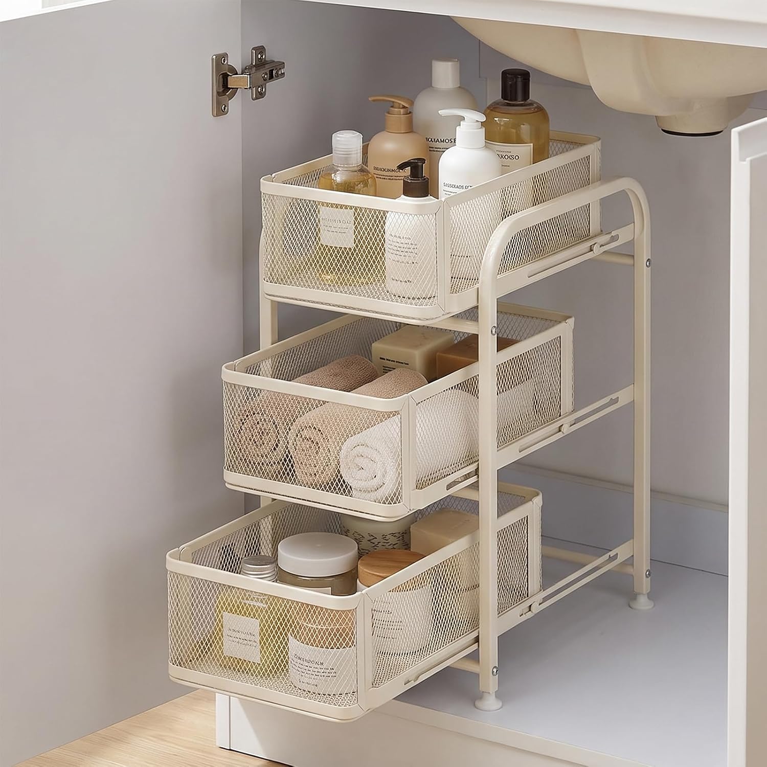 PureBox 3 Tier Under Sink Organizer, Pull Out Cabinet Storage Organizer with Sliding Mesh Drawers, Heavy Duty Metal Under Sink Storage for Kitchen, Bathroom, Cabinet, Small Space, White, 1 Pack