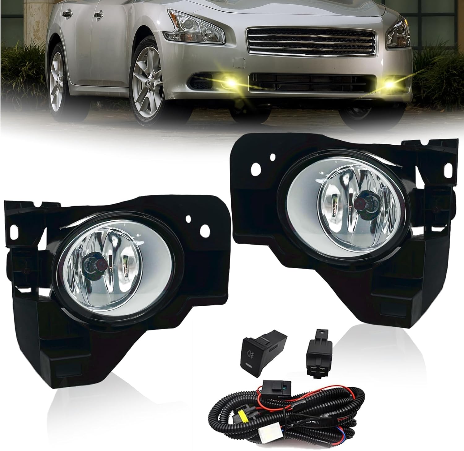 Fog Lights Compatible with 2009 2010 2011 2012 2013 2014 Nissan Maxima with H11 12V 55W bulbs Switch and Wiring Kit (Clear Lens)