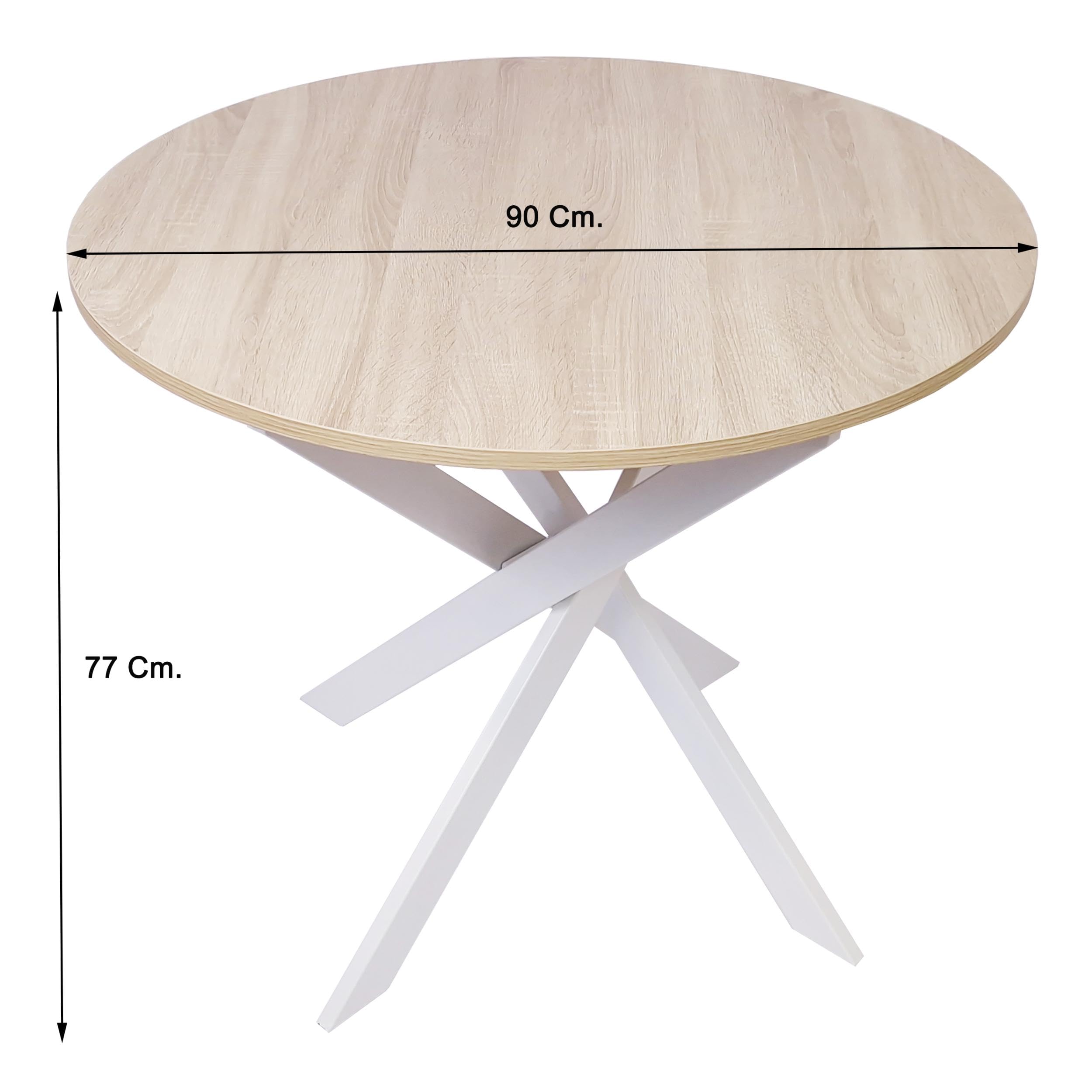 Skraut Home - Mesa Comedor Fija Redonda | 90 x 90 x 77 cm | Capacidad hasta 4 Personas | Materiales Resistentes | Modelo Zen (90cm, Roble + Patas Blancas)
