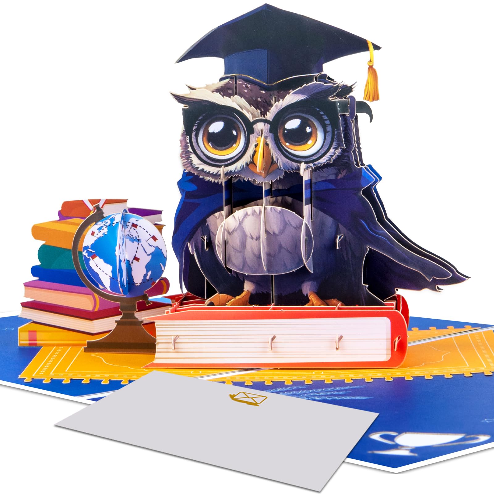 3D Pop-Up Abschlusskarte, Eule Abschlusskarte mit Doktorhut & Talar, Glückwunschkarte mit Büchern, Globus & Diplom für Schulabschluss, Studium, Universität, Geschenk für Absolventen, Klasse 2025