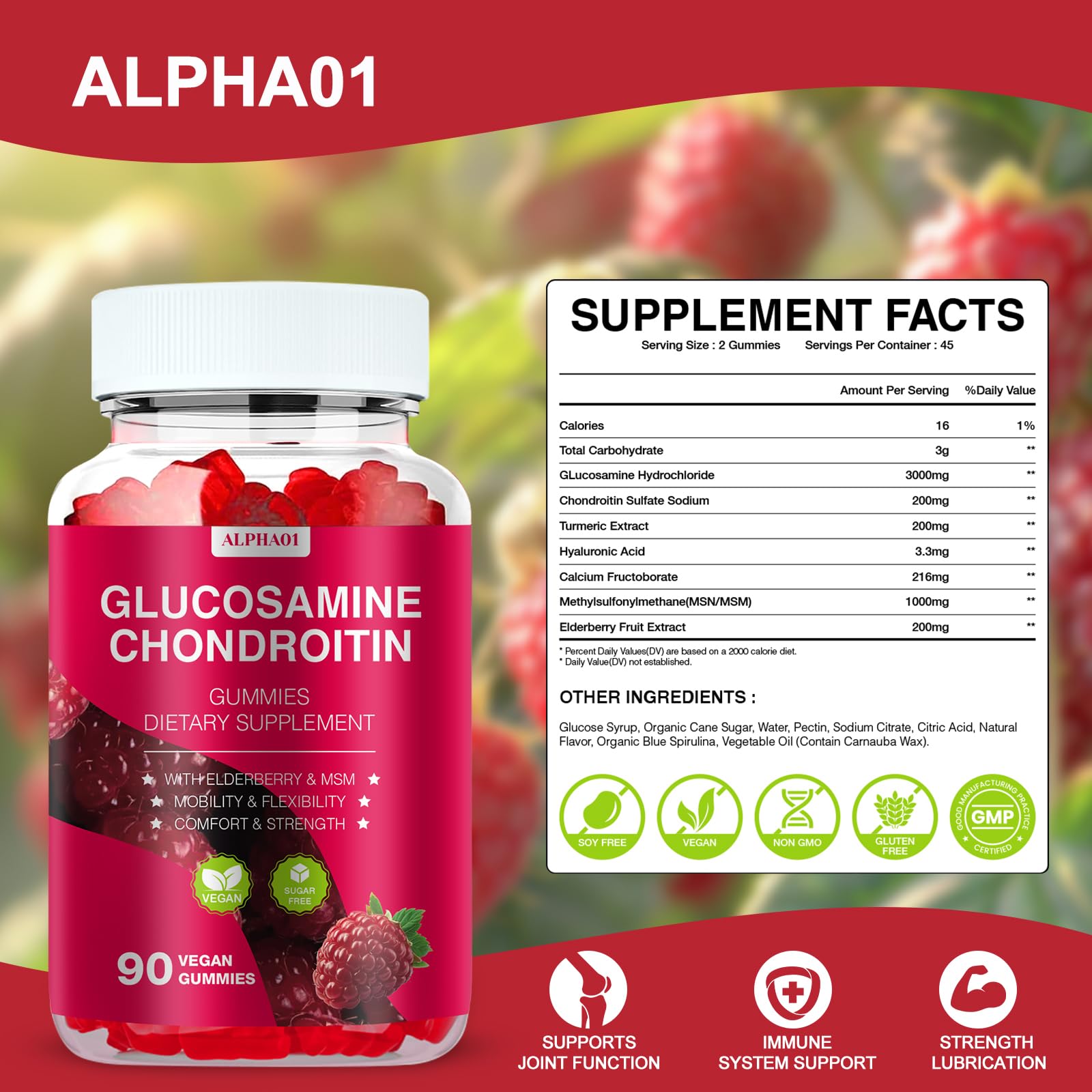 Glucosamine Chondroitin Gummies - 3000MG Extra Strength Joint Support Supplement with MSM & Elderberry, Flexibility, Antioxidant Immune Support Gummy for Adults, Men & Women - 90 Raspberry Gummies — Amazon image 2