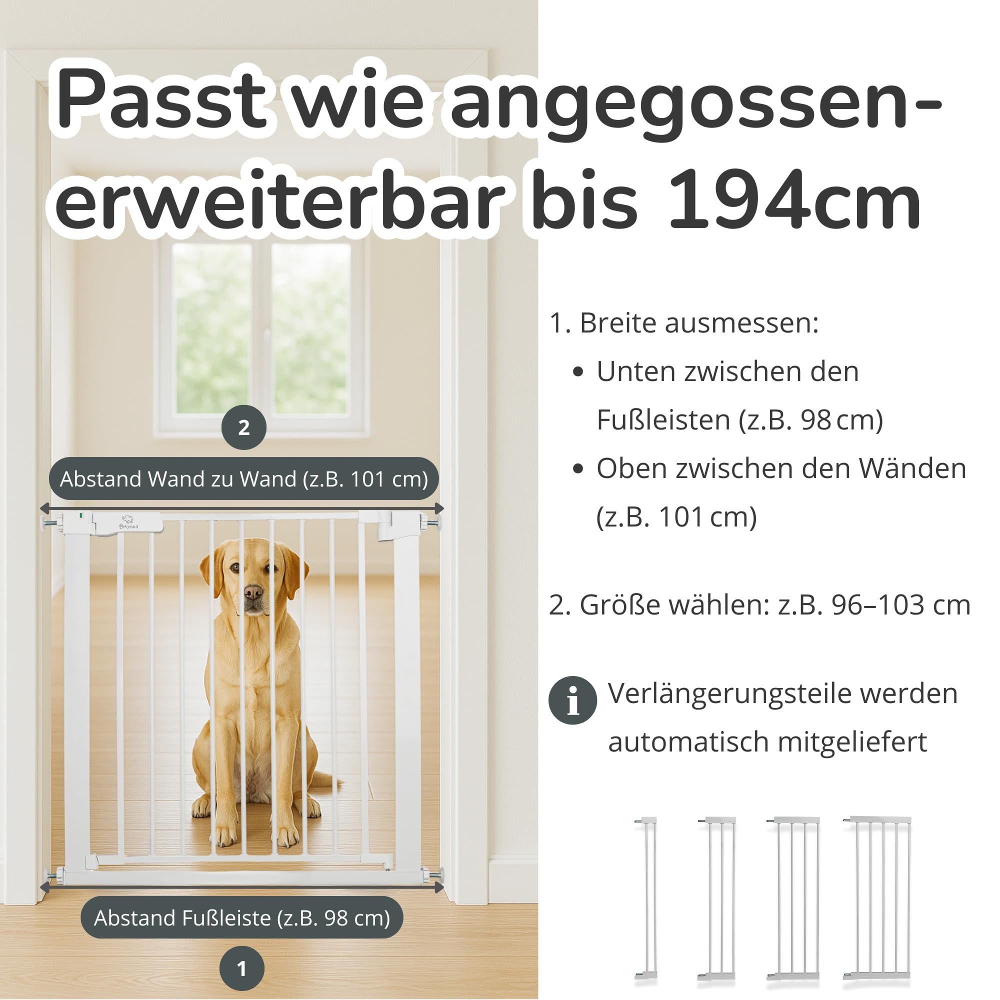 Luca Treppengitter ohne Bohren | Türgitter & Treppenschutzgitter zum Klemmen | verlängerbar 75-194 cm | Auto-Close, 90° Stop, beidseitig schwenkbar (152-159 cm)