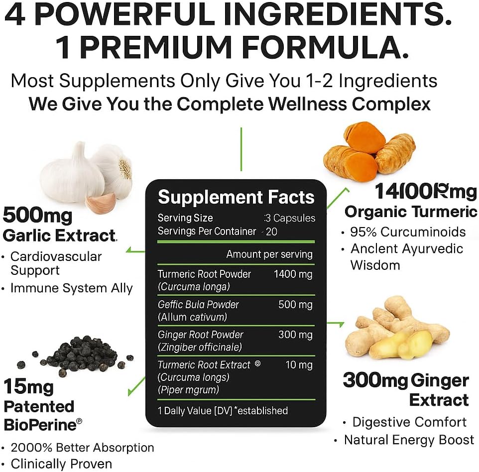 Turmeric Curcumin Supplement with BioPerine & Garlic - 2360mg High Potency Turmeric Ginger Root Capsules for Joint Support, Immune Health & Anti Inflammatory - 60 Veggie Caps - Image 3