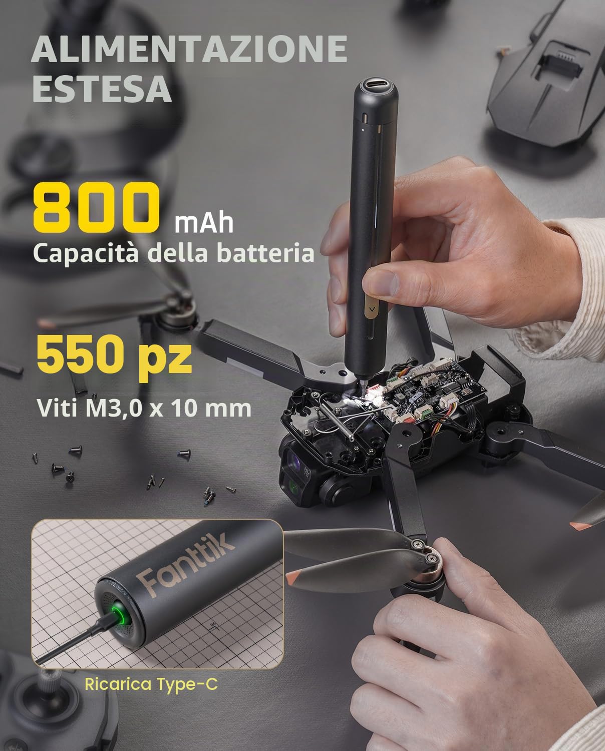 Fanttik E2 Ultra Mini Cacciaviti Elettrici 3,7 V | Set 50 in 1, Kit di Precisione Magnetici, Max 0,6 N.m, Esagonale da 5/32", Per iPhone, Laptop, Occhiali