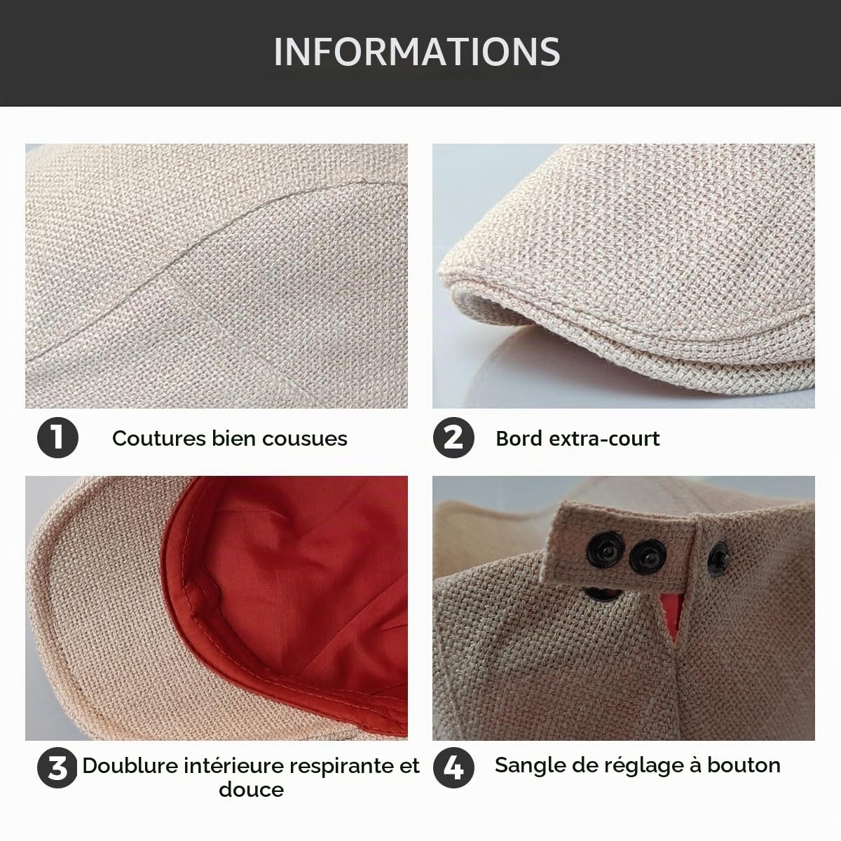 Casquette plate pour homme en lin avec doublure - Casquette plate pour homme - Casquette de lierre Gatsby - Pour le printemps et l'automne