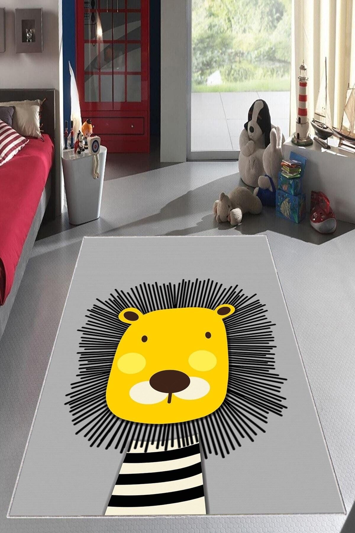 Pelangi Gri Aslan Desenli Yıkanabilir Kaymaz Taban Leke Tutmazbebek Ve Çocuk Odası Halısı, Gri-Sarı 40 x 40