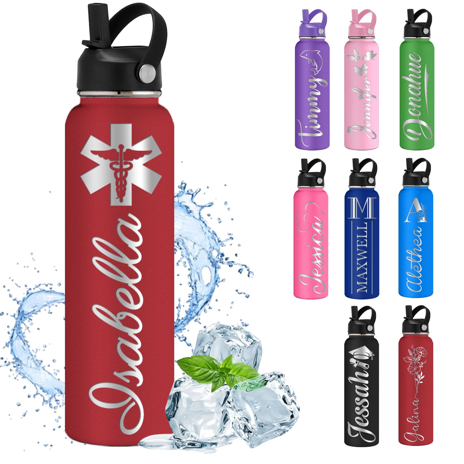 Custom Water Bottle Personalised Water Bottles with Straw Lid Name Engraved Insulated Stainless Steel Bottles for School Customised Double Wall 12 18 24 32 40 oz