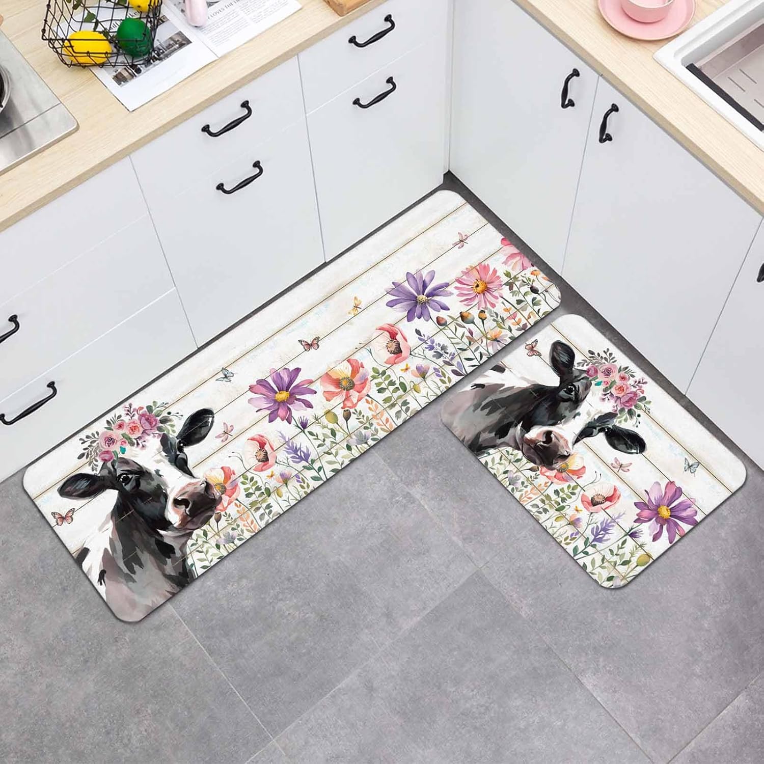 Prime Leader Farmhouse Cow Kitchen Mat Set 2 Pieces Farm Animal Rustic Pink Purple Floral Wooden Non Slip Kitchen Rugs Washable Runner Rug Mats for Sink Laundry (19.7" x 31.5"+19.7" x 47.2")