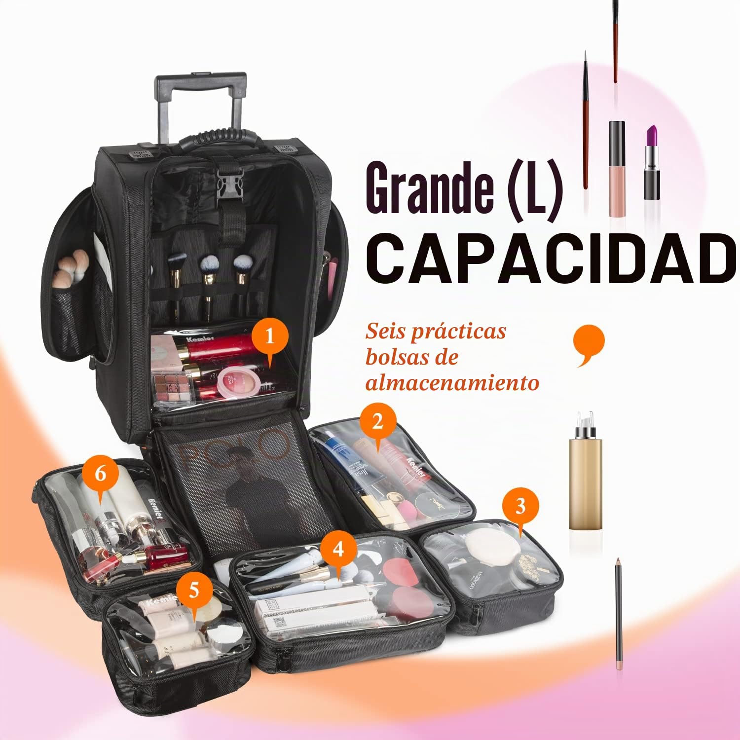 Organizador de Cosméticos Portable, Estuche de Maquillaje con Ruedas de Nylon Suave con Bolsos, Negro