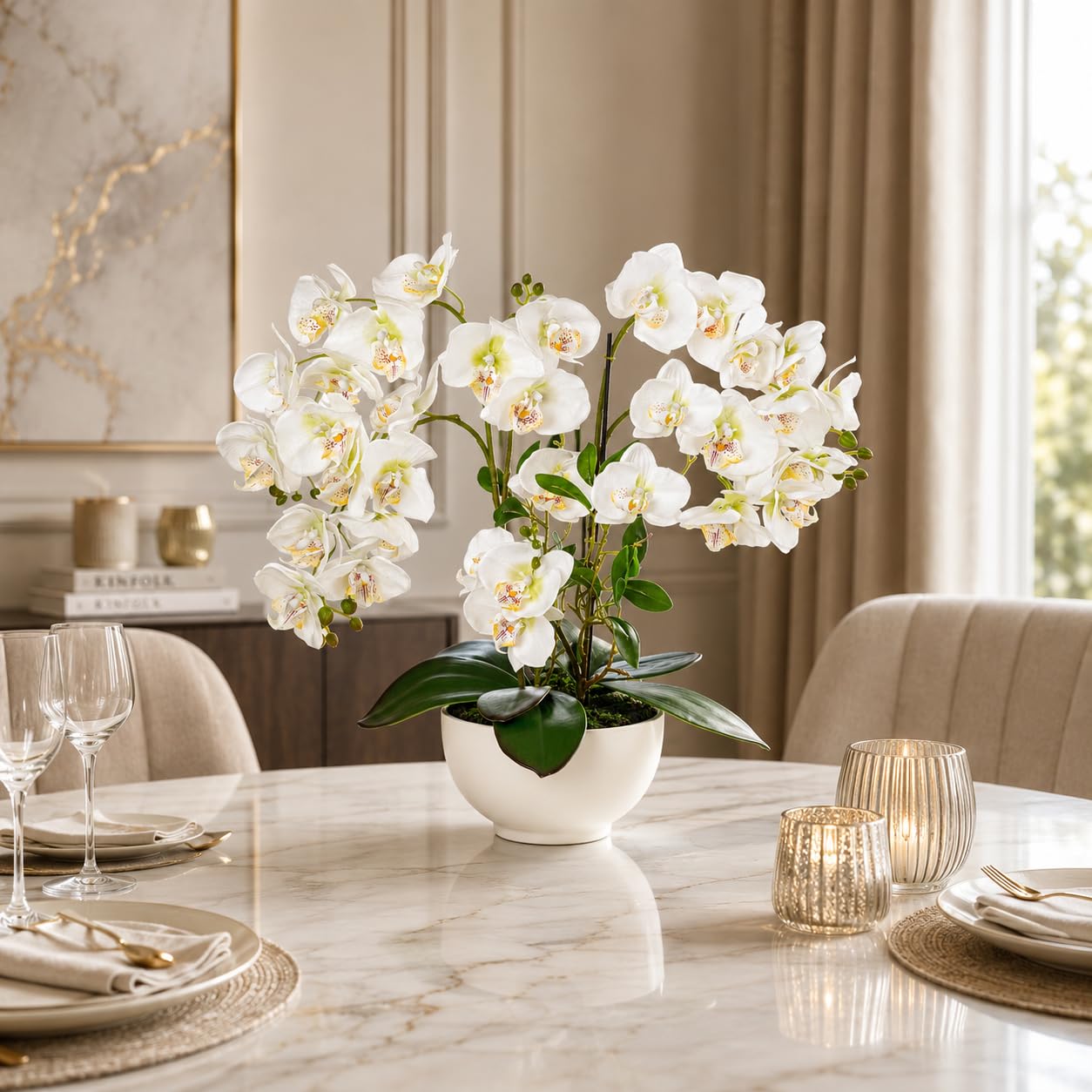 PASCH Orquídea artificial XXL grande (56 cm) en maceta de cerámica brillante | Orquídeas artificiales | Flores artificiales como reales | Orquídeas artificiales en maceta | Flores artificiales en
